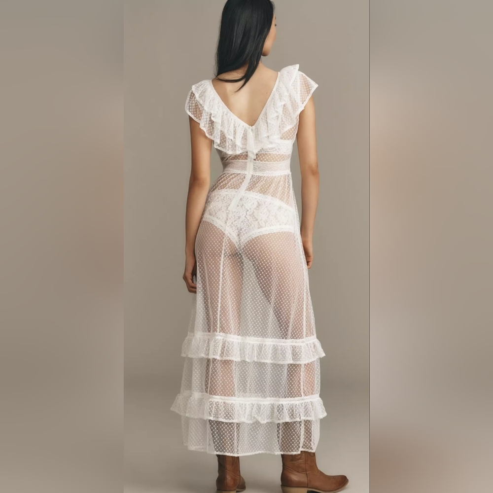 Anthropologie Ruffle Sheer Mesh Maxi Dress In White - Picture 3 of 7